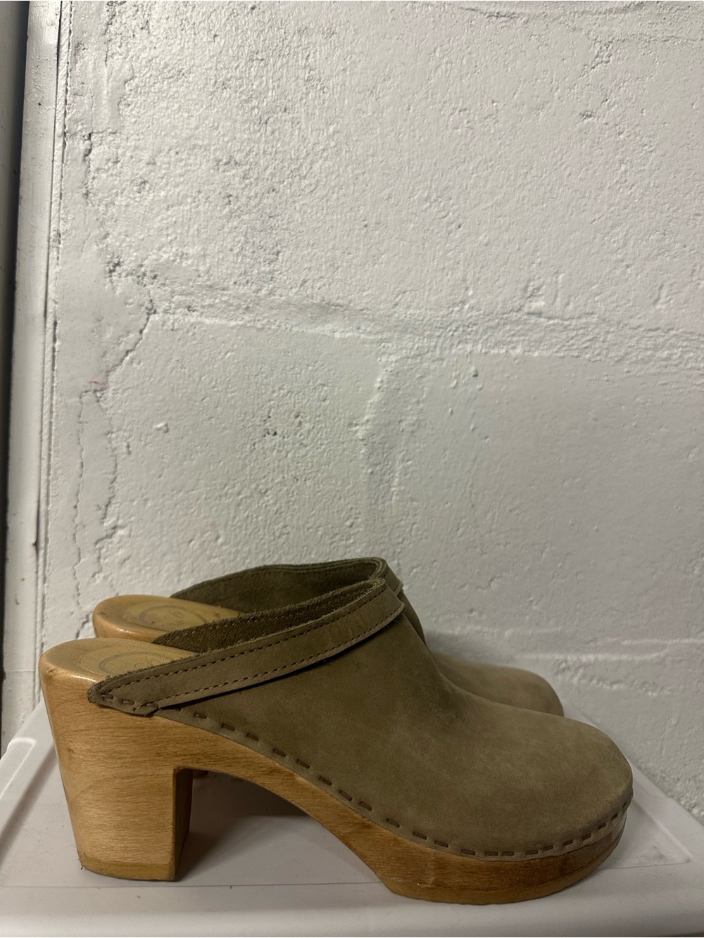 No. 6 Taupe Suede Wooden Heel Clogs